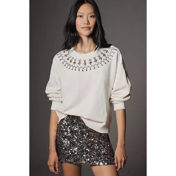 Maeve Tops - Maeve Long-Sleeve Embellished Pullover Sweatshirt Women's Size S White